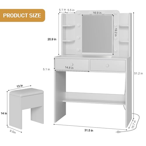 FUXA Makeup Vanity Desk with LED Mirror and Chair Set, White | 3 Lighting Modes, Built-in Charging Station, Storage Drawers and Shelves for Bedroom