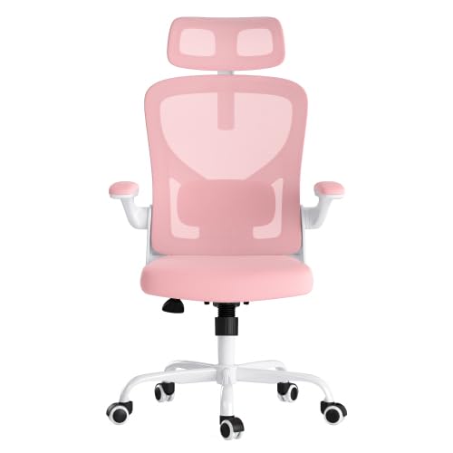 Office Desk Chair Computer High Back Mesh Gaming Seat with Ergonomic Adjustable Comfy Flip-up Armrests Lumbar Support Height for Home Office (Pink) - color: Pink