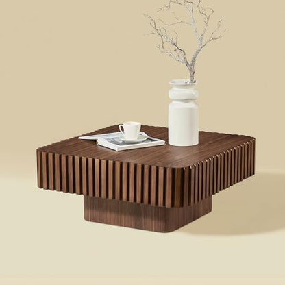 JUSTONE 35-inch Mid-Century Modern Drum Coffee Table, Handcrafted Wood Round Center Table for Living Room, Home Office, Walnut - color: 35.43'' - Walnut-1