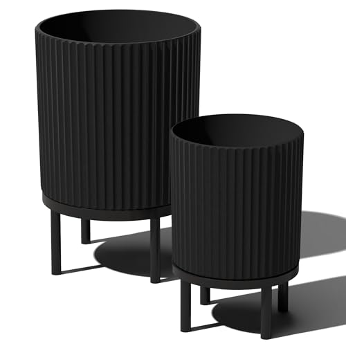 Veradek Demi Series Raised Duo Planters - Set of 2 Planters with Stands | Made From a Durable Plastic-Stone Composite & Comes With Wooden Stand. Modern Porch/Patio Décor - color: Black/Black, size: Bundle