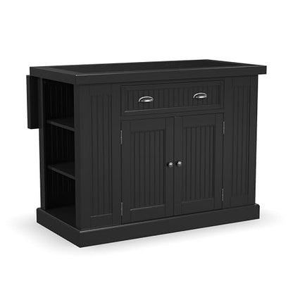 Homestyles Nantucket Distressed Black Kitchen Island with Black Granite and Wood Drop Leaf Breakfast Bar, 48"W