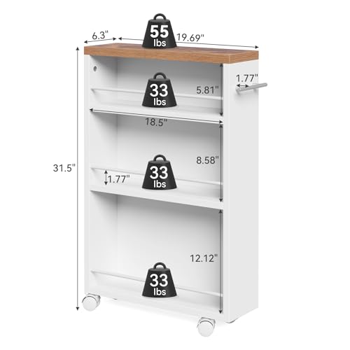 LITTLE TREE 4 Tier Rolling Cart with Wheels, 6.3 Inch Slim Storage Cart, Wooden Snack Cart with Narrow Shelf, White Laundry Room and Bathroom Organizer Shelves - color: White