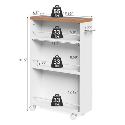 LITTLE TREE 4 Tier Rolling Cart with Wheels, 6.3 Inch Slim Storage Cart, Wooden Snack Cart with Narrow Shelf, White Laundry Room and Bathroom Organizer Shelves - color: White