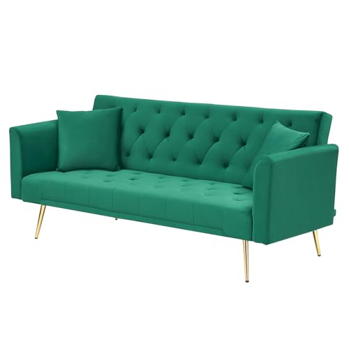 71" Modern Velvet Sofa Bed Futon, Convertible Sleeper Couch, Adj. Backrest | Tufted Recliner Loveseat Design with Golden Chrome Legs & 2 Pillows, Perfect for Small Spaces, Living Room, Apartment - color: Green