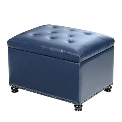 Faux Leather Storage Ottoman Bench Rectangle 24 Inch Foot Rest Ottomans - color: Blue Faux Leather