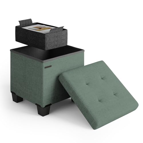 Storage Ottoman Cube with Small Bin, 15-in Square Ottoman with Storage for Living Room and Bedroom, Small Ottomans Foot Rest, Fabric Foot Stools Ottomans Max 330lbs, Green - color: 03 - Green