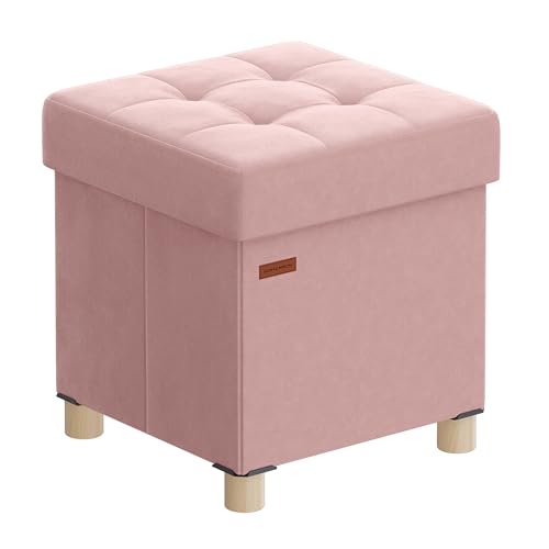 SONGMICS Small Storage Ottoman, Folding Ottoman Cube, 15 x 15 x 15.7 Inches, Footstool, Footrest, 10 Gal. (37 L), Velvet Surface, for Bedroom, Living Room, Dorm, Jelly Pink ULSF0516R01 - color: Jelly Pink