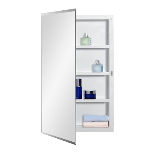Plastic Medicine Mirror Cabinet for Bathroom 16 x 26 inch, Surface and Recessed Mount - color: White, size: 16x26 inch Beveled Edge Mirror