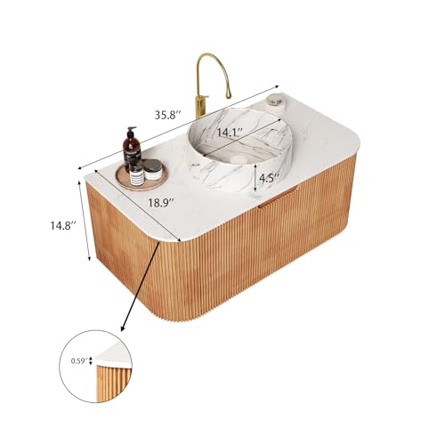 36” Floating Bathroom Vanity with Sink, Fluted Wall-Mounted Solid Wood Cabinet, Marble-Pattern Ceramic Round Basin, Faux Marble Top, Soft-Close Drawer, Pre-Assembled, Natural Woodgrain - color: 01 - Natural Woodgrain, size: 36"