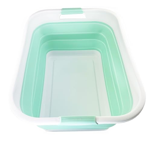 SAMMART 41L (10.8 gallons) Collapsible Plastic Laundry Washing Tub/Basket-Foldable Pop Up Storage Container/Organizer-Portable Laundry Hamper-Space Saving (1, White/Pale Jade) - color: White/Pale Jade