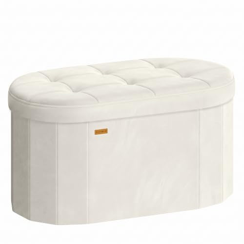 SONGMICS Mazie Collection - Folding Ottoman with Storage, Oval Storage Ottoman Bench, for Living Room, Bedroom, Velvet Fabric, 15 x 30 x 15 Inches, Cream White ULSF267LH01 - color: Cream White, size: 15"D x 30"W x 15"H, style: Oval
