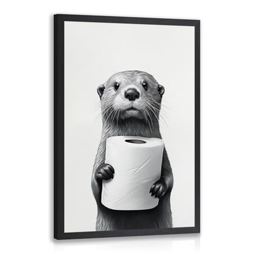 IAFWZX Wood Framed Black White Funny Otter Bathroom Wall Art 8x10 in | Otter Holding Toilet Paper Wall Art, Playful Whimsical Animal Art Print, Humor Otter Gift for Restroom and Powder Room - color: BathroomOtter(Wood), size: 10"L x 8"W