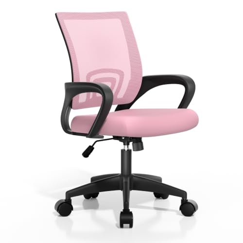 Office Chair, Ergonomic Mid-Back Mesh Desk Chair with Lumbar Support, Adjustable Height Computer Chair with Rolling Wheels Design,Comfy Armrest for Work, Study, Gaming, Pink - color: Pink