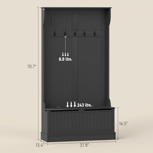 HOMCOM Hall Tree with Bench and Shoe Storage 3-in-1 Coat Rack Black | Slim Bench with Coat Rack, 4 Hooks, Flip Top Storage Compartment - color: Black, size: 38"