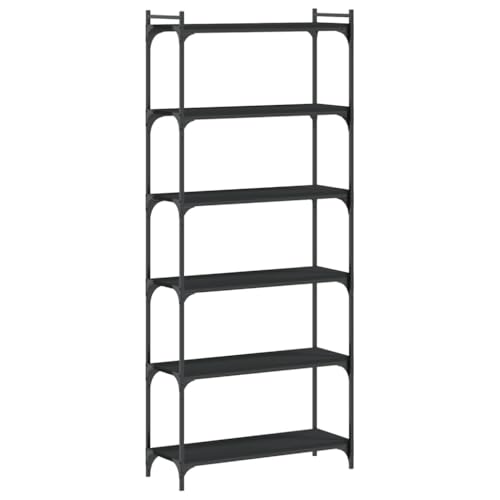 Industrial 6-Tier Bookcase Matte Black Engineered Wood Shelving Unit 74 in Tall Adjustable Shelves for Living Room Office Bedroom - color: Black-f, size: Medium