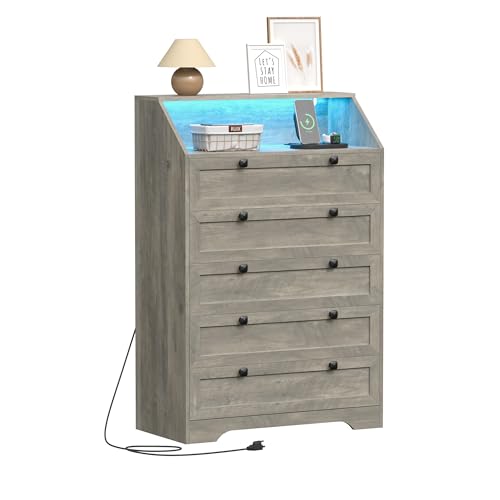 Grey Dresser Tall 5 Drawer Dresser for Bedroom, Wood Chest of Drawers with LED Lights, Charging Station, Metal Handles, Modern Storage Cabinet and Organizer Drawers for Living Room, Hallway - color: Grey, style: LED Tall 5 Drawers