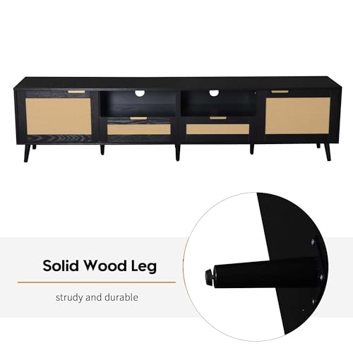 Modern Black Rattan TV Stand for 85 inch TV, 79 inch Farmhouse Media Console with Solid Wood Legs and Cable Management, Large Entertainment Center with Storage Cabinets for Living Room - color: Black