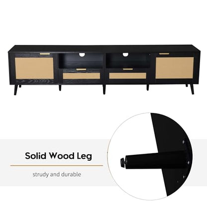 Modern Black Rattan TV Stand for 85 inch TV, 79 inch Farmhouse Media Console with Solid Wood Legs and Cable Management, Large Entertainment Center with Storage Cabinets for Living Room - color: Black