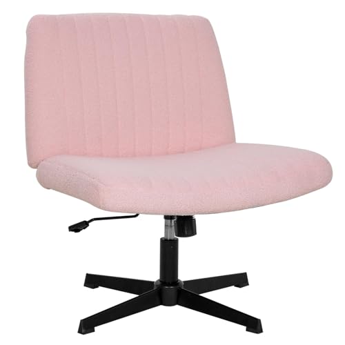 Criss Cross Chair, Armless Cross Legged Office Chair, Comfortable Vanity Chair with Back, Fabric Adjustable Wide Swivel Criss Cross Desk Chair for Home Office, Pink - color: Pink