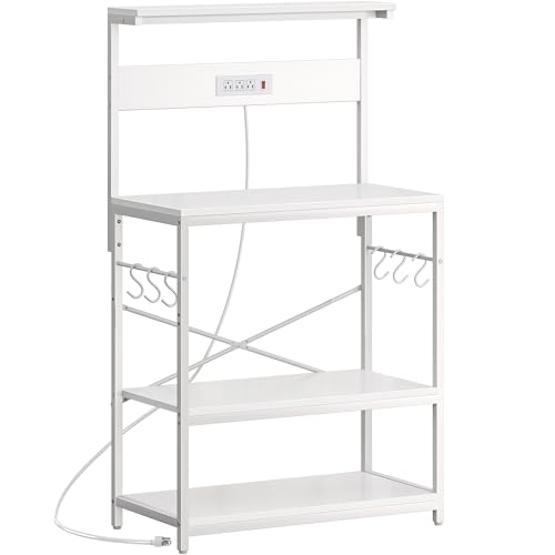 SUPERJARE Bakers Rack with Power Outlets, Microwave Stand, 31.5 X 16.5 Inch Larger Desktop, Kitchen Storage Rack with Adjustable Middle Shelf, 6 S-Shaped Hooks, Coffee Bar Stand, White - color: White, size: 31.5 inch