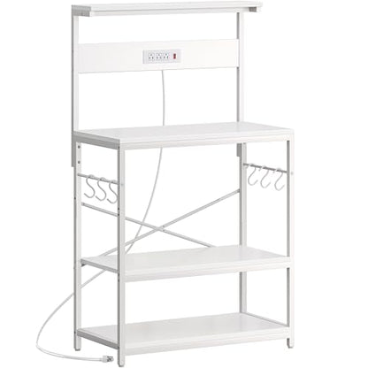 SUPERJARE Bakers Rack with Power Outlets, Microwave Stand, 31.5 X 16.5 Inch Larger Desktop, Kitchen Storage Rack with Adjustable Middle Shelf, 6 S-Shaped Hooks, Coffee Bar Stand, White - color: White, size: 31.5 inch