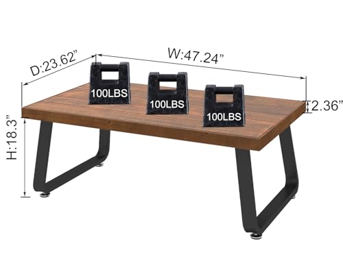 Natural Solid Wood Coffee Table, Rustic Center Tables for Living Room | Rectangle Metal and Real Wooden Tea Table, Modern Industrial Minimalist Wooden Cocktail Tables, Rustic Brown, 47 Inch - size: 47 inch