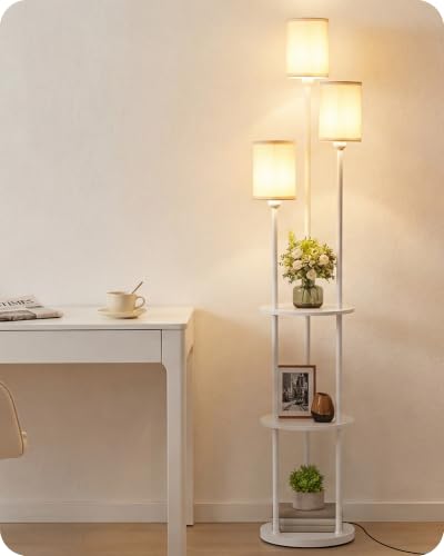 Floor Lamp with Shelves, Modern Floor Lamp with 3 Linen Shades and Foot Switch, 3-Light Standing Lamp, for Living Room, Bedroom, Study, Office, White W53LD05 - color: White