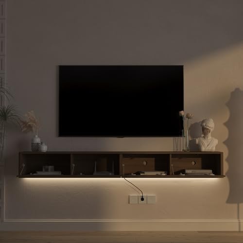 KEIKI 78.7" Floating TV Stand Wall Mounted with 16 Color LEDs & Power Outlets for TVs Up to 70 Inch, Wooden Media Console Entertainment Center Television Table Cabinet for Living Room, Bedroom