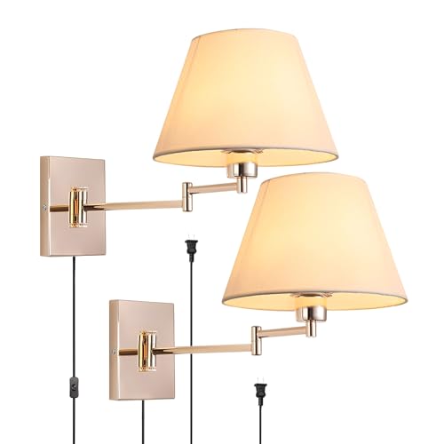 Plug-In Wall Sconces Set of 2, Rose Gold Swing Arm Wall Lamps for Bedroom | Adjustable bedside wall lights with fabric shades and E26 sockets for replaceable bulbs; ideal for living rooms or studies - color: Rose Gold, size: 2PCS