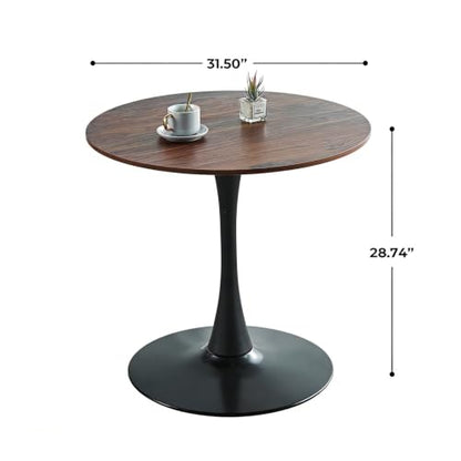 31.5 Inch Round Tulip Dining Table, Dark Walnut MDF Top with Black Pedestal Base, Mid-Century Modern Kitchen Table for 2, Apartment and Breakfast Nook - color: Black and Dark Walnut