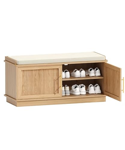 Akxomel Fluted Shoe Storage Bench with Cushion, 39.4" Entryway Bench with Adjustable Shelves and 2 Doors, Shoe Cabinet Bench with Curved Profile, for Hallway, Living Room, Bedroom, Natural Oak