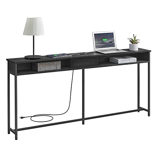 VASAGLE 70.9-Inch Console Table with Outlet and Shelves, Sofa Table with Charging Station, Behind Couch Table Skinny, Entryway Table for Hallway, Living Room, Charcoal Gray and Ink Black ULNT118B22