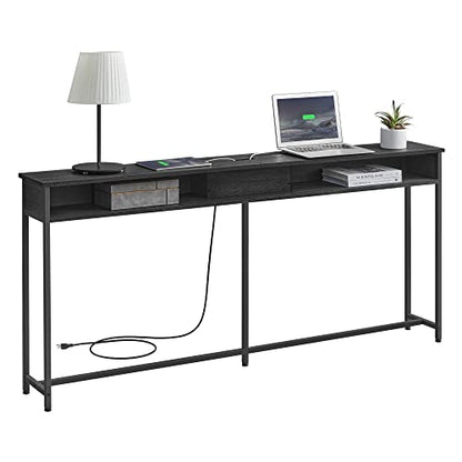 VASAGLE 70.9-Inch Console Table with Outlet and Shelves, Sofa Table with Charging Station, Behind Couch Table Skinny, Entryway Table for Hallway, Living Room, Charcoal Gray and Ink Black ULNT118B22