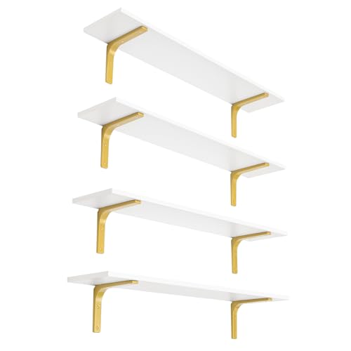 Long Wall Shelves, 31.5Inch Wooden Wall Mounted Shelves, Set of 4 | Large Floating Book Shelf, Metal Brackets, Easy Assembly, Max Load 22lbs, Wall Storage Ledges, Bedroom/Bathroom, White & Gold - color: White and Gold, size: 31.5 Inch (4 Pack)
