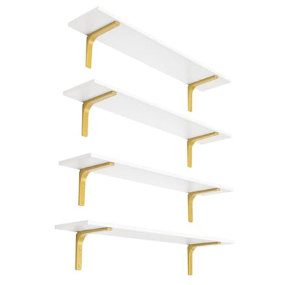 Long Wall Shelves, 31.5Inch Wooden Wall Mounted Shelves, Set of 4 | Large Floating Book Shelf, Metal Brackets, Easy Assembly, Max Load 22lbs, Wall Storage Ledges, Bedroom/Bathroom, White & Gold - color: White and Gold, size: 31.5 Inch (4 Pack)
