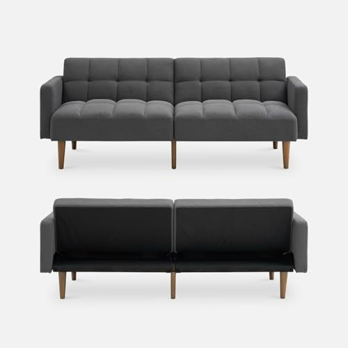 mopio 76.4" Futon Sofa Bed Tufted Styled, Sleeper Couch (Dark Grey Fabric) | A textured seat folds flat for sleepovers; snug proportions slip into lofts and small lounges. - color: Dark Grey Fabric