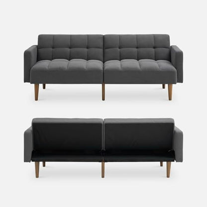 mopio 76.4" Futon Sofa Bed Tufted Styled, Sleeper Couch (Dark Grey Fabric) | A textured seat folds flat for sleepovers; snug proportions slip into lofts and small lounges. - color: Dark Grey Fabric