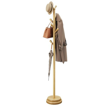 STARSAGA Solid Wood Coat Rack Freestanding Coat Tree with 8 Hooks | Adjustable Height Heavy Duty Coat Rack with Rounded Hooks & Dual-Layer Base, Holds Coats Hats Bags for Entryway, Bedroom - color: Natural