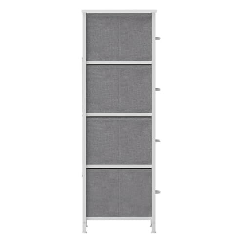 Pemberly Row Contemporary 4 Drawer Dresser, 17.75" W x 12.5" D x 37.25" H, Cast Iron Frame with White Wood Top, Gray Non-Woven Fabric Drawers, Adjustable Floor Glides, Vertical Storage Organizer for