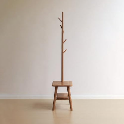 KEIKI Hall Tree with Shoe Bench and Cloth Hanger, Solid Wood Coat Rack, Narrow Mudroom Storage Organizer for Entryway, Bedroom, Walnut - color: Brown