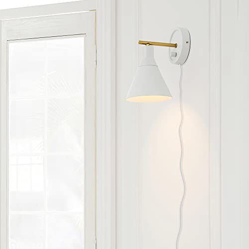 Globe Electric 65542 1-Light Plug-in or Hardwire Wall Sconce, Matte White, Brass Accent, Stepless Dimming Rotary Switch, Fabric Cord, Modern Lighting for Apartment or Renters, Home Decor