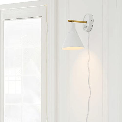 Globe Electric 65542 1-Light Plug-in or Hardwire Wall Sconce, Matte White, Brass Accent, Stepless Dimming Rotary Switch, Fabric Cord, Modern Lighting for Apartment or Renters, Home Decor