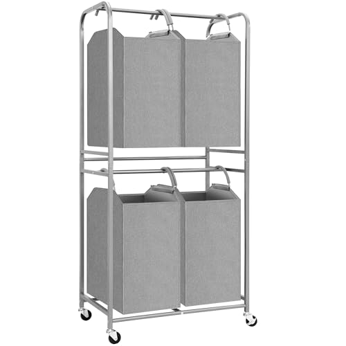 STORAGE MANIAC 4 Section Vertical Laundry Hamper, 2 Tier Laundry Sorter with 4 Removable Tote Bags, Rolling Clothes Basket for Towels, Blankets, Tall Dirty Clothes Hamper for Closet, 4 Bags Gray - size: 4 Section