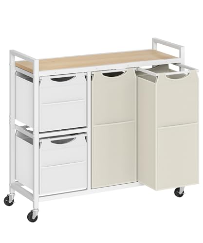 HOOBRO Laundry Sorter with 4 Section, 34 Gal. (127 L) Laundry Hamper with Wheels, Rolling Laundry Basket with Shelves, Pull-Out Detachable Bags, Side Pockets, White, Natural and Beige WNE14XY01N1 - color: White + Natural + Beige
