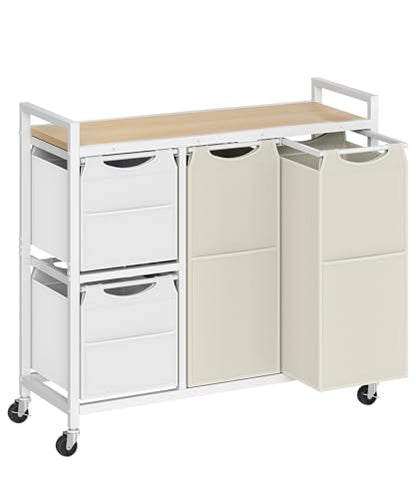 HOOBRO Laundry Sorter with 4 Section, 34 Gal. (127 L) Laundry Hamper with Wheels, Rolling Laundry Basket with Shelves, Pull-Out Detachable Bags, Side Pockets, White, Natural and Beige WNE14XY01N1 - color: White + Natural + Beige