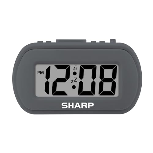 Sharp Battery Alarm Clock, Soft-Touch Case and Backlight, Charcoal Black | Soft-touch rubberized case; Battery operated; Blue backlight on demand; Ascending alarm; Snooze; Easy to use - color: Charcoal Black