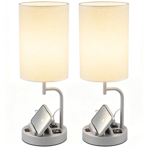 Dreamholder 2 Pack Table Lamp, Bedside Lamp with 3 USB Charging Ports & AC Outlet, USB Desk Lamp with 2 Phone Holders, Linen Fabric Shade Nightstand Lamps for Bedroom Living Room Office, Gray - color: Gray