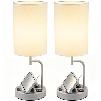 Dreamholder 2 Pack Table Lamp, Bedside Lamp with 3 USB Charging Ports & AC Outlet, USB Desk Lamp with 2 Phone Holders, Linen Fabric Shade Nightstand Lamps for Bedroom Living Room Office, Gray - color: Gray