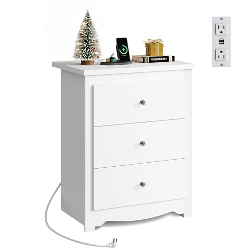 WLIVE Tall Nightstand with Charging Station, Wood Bedside Table, White | 3 Drawers Storage, Power Outlets(2AC+2USB), Easy Assembly, Premium Eco-friendly Wood, White Night Stand for Bedroom - color: White