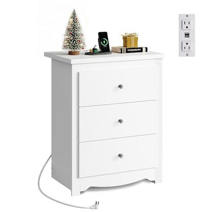 WLIVE Tall Nightstand with Charging Station, Wood Bedside Table, White | 3 Drawers Storage, Power Outlets(2AC+2USB), Easy Assembly, Premium Eco-friendly Wood, White Night Stand for Bedroom - color: White